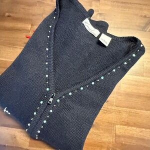 Kim Rogers Womens Cardigan Sweater Christmas Tree Black Embellished Size S